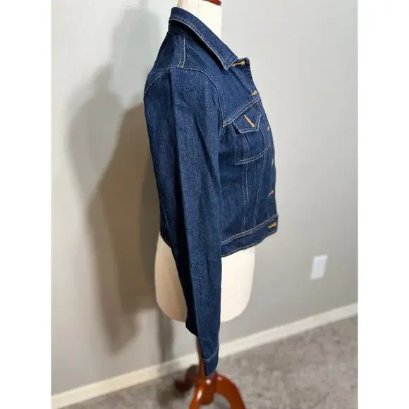 BCBG jean jacket dark blue denim 100% cotton button up collar pockets Sz S - Picture 3 of 7